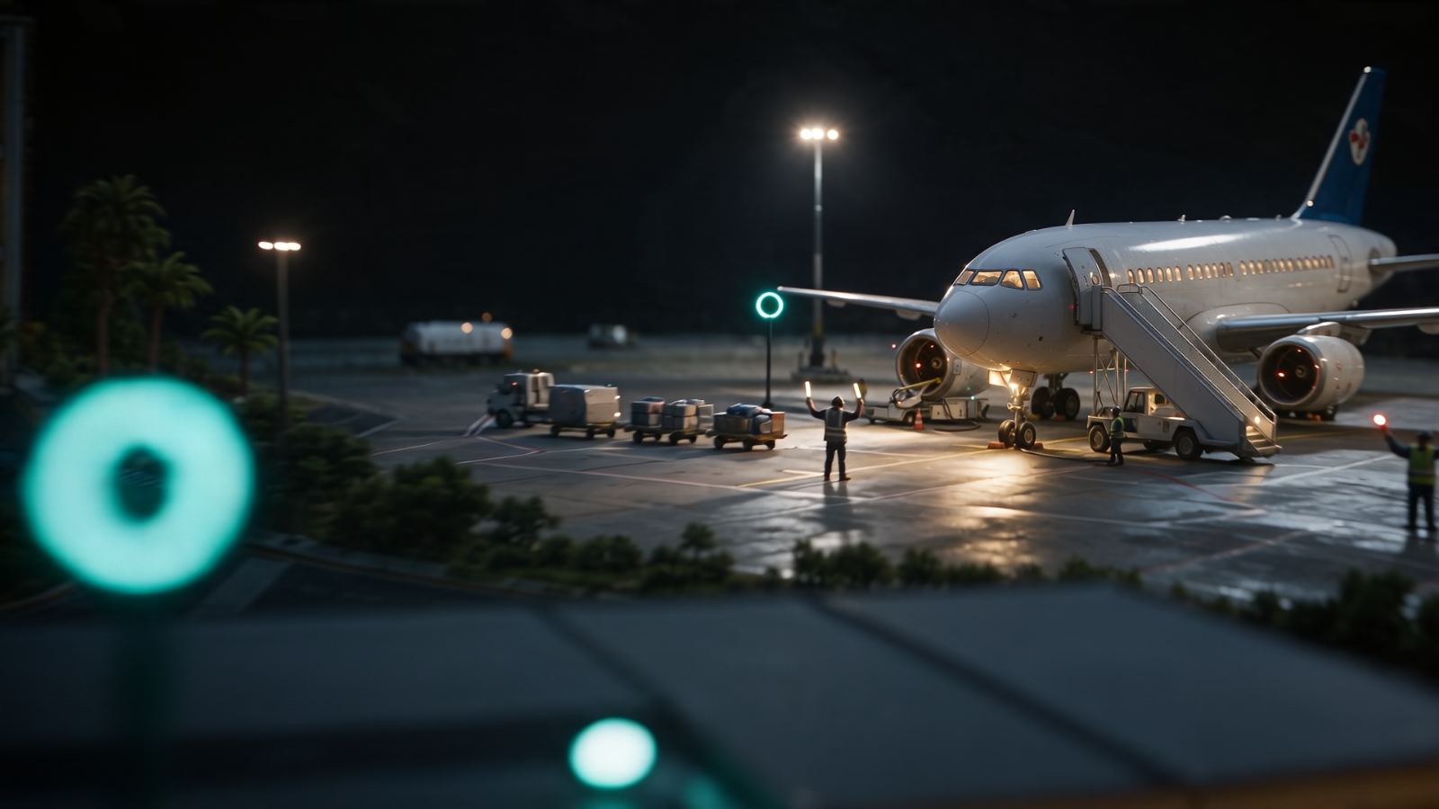 Plataforma aeroportuaria: señalero guiando la aeronave